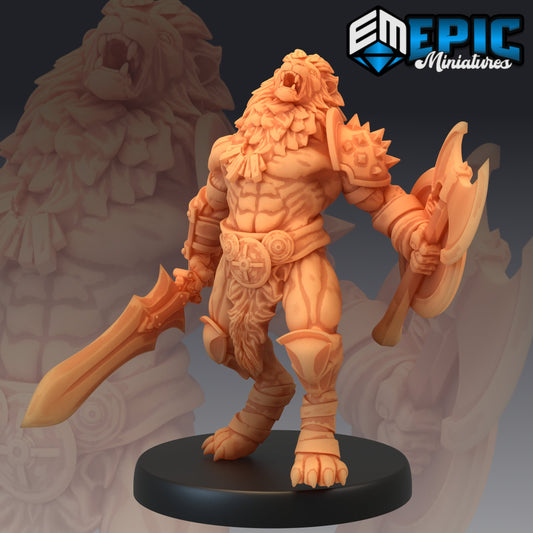 Tabaxi Lion Warrior Roar - Epic Miniatures | Tabaxi, Tiger, Warrior, General, Roar, Sword, Shield